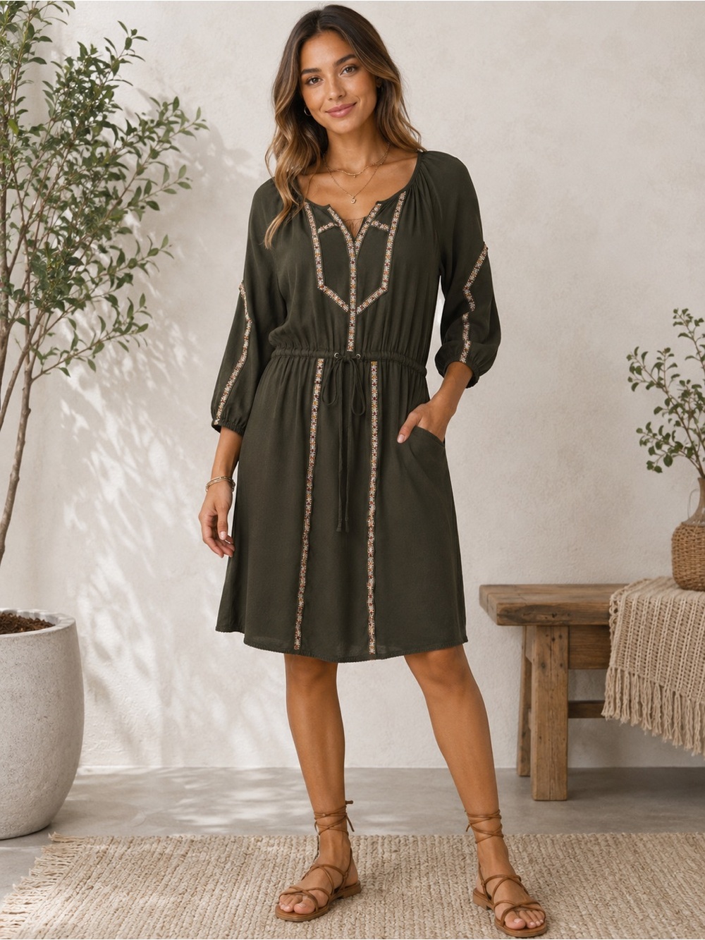 Edme & Esyllte Olive Green Embroidered Boho Dress – XS